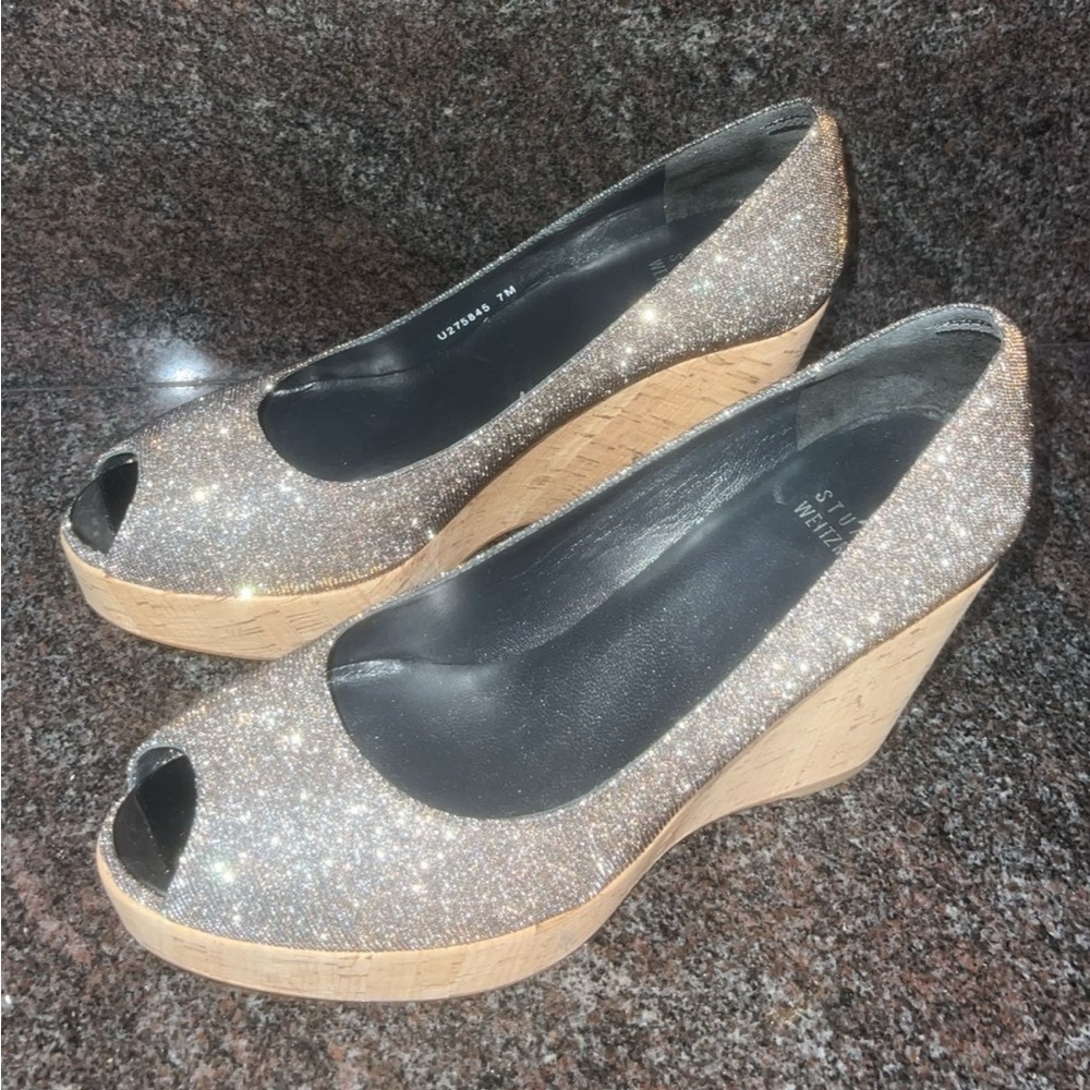 Stuart Weitzman Anna Corkswoon Glitter Wedge Peep Toe Platform Heels